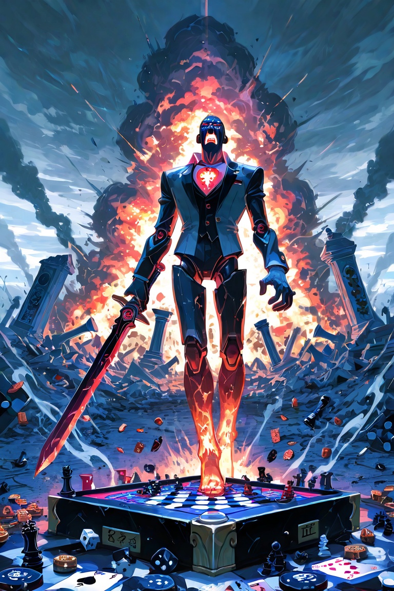 anime illustration,  vibrant colors,  A single giant playing card standing upright. The playing card has cute arms and leg...