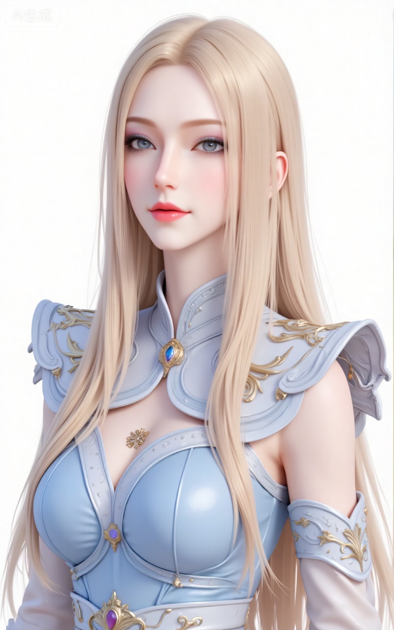 kaisha,long hair,blonde hair,lips,blue eyes,makeup,eyeshadow,dress,upper_body,
 white_background,simple_background,pifu,guanghuapifu,liushen,lvjing,lvjing,