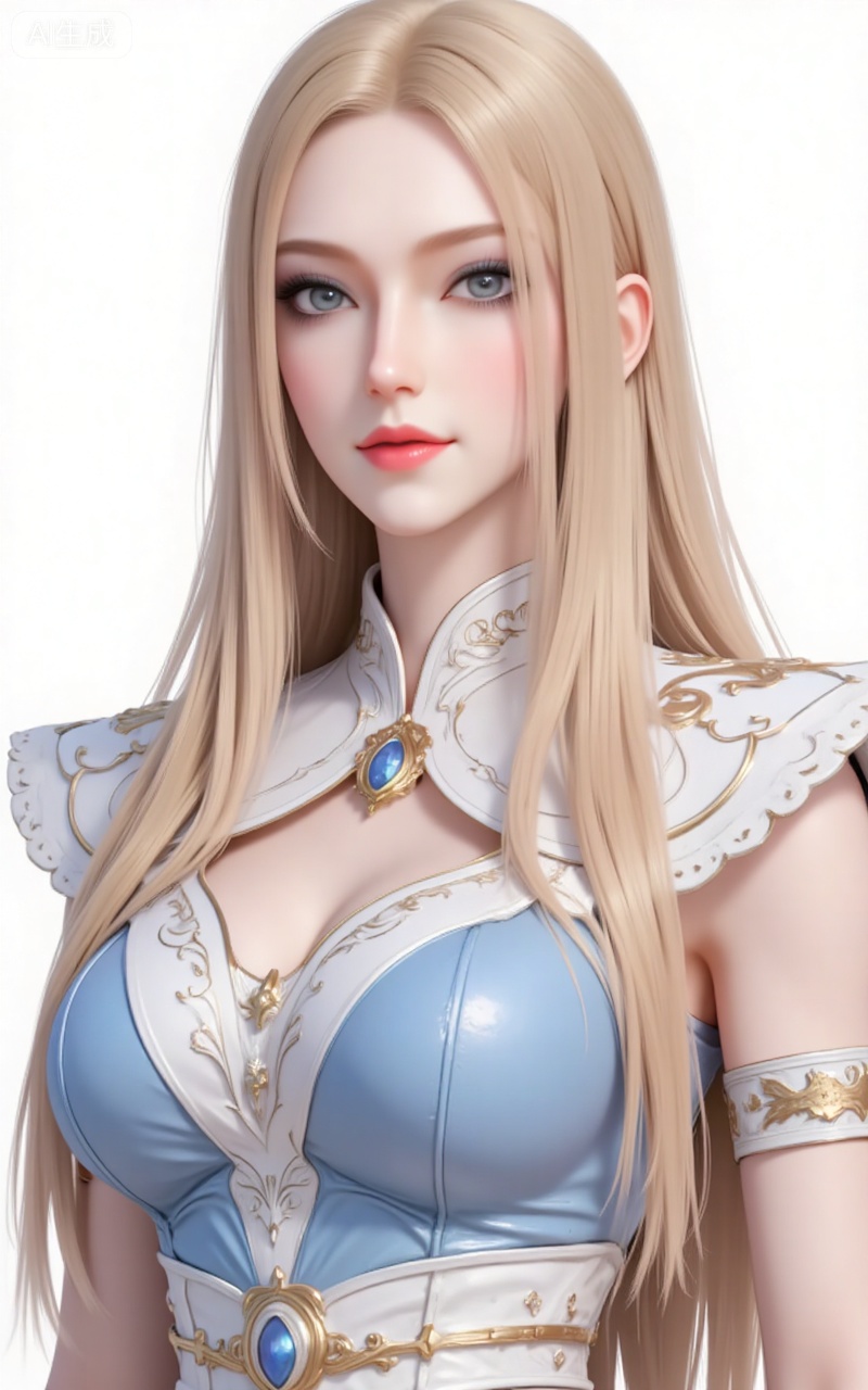 kaisha,long hair,blonde hair,lips,blue eyes,makeup,eyeshadow,dress,upper_body,
 white_background,simple_background,pifu,guanghuapifu,liushen,lvjing,lvjing,