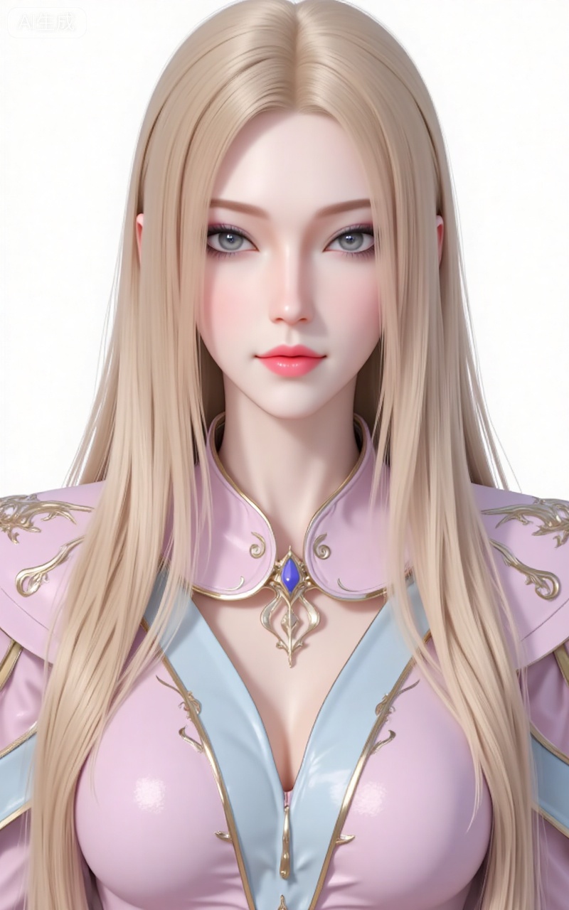 kaisha,long hair,blonde hair,lips,blue eyes,makeup,eyeshadow,dress,upper_body,
 white_background,simple_background,pifu,guanghuapifu,liushen,lvjing,lvjing,