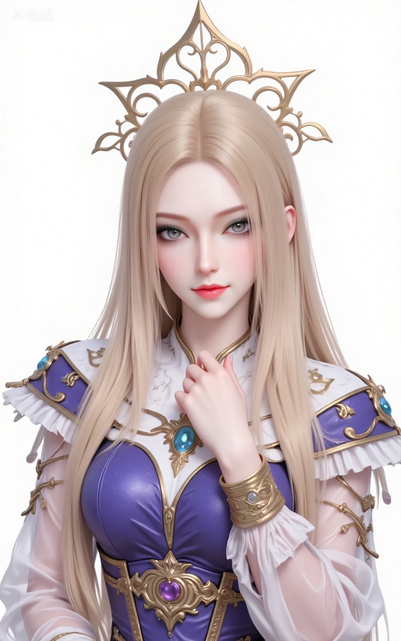kaisha,long hair,blonde hair,lips,blue eyes,makeup,eyeshadow,dress,upper_body,
 white_background,simple_background,pifu,guanghuapifu,liushen,lvjing,lvjing,