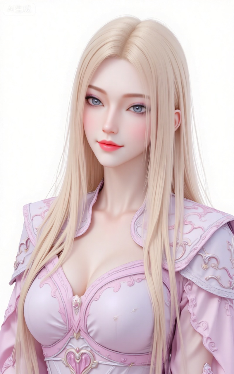 kaisha,long hair,blonde hair,lips,blue eyes,makeup,eyeshadow,dress,upper_body,
 white_background,simple_background,pifu,guanghuapifu,liushen,lvjing,lvjing,