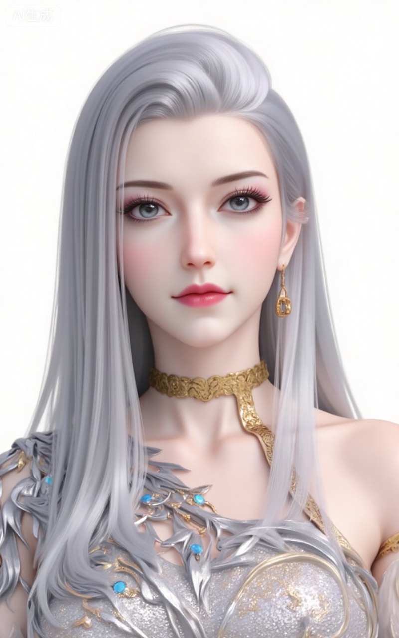 hexi, long hair, white hair, looking at viewer, grey eyes, jewelry, dress, blue eyes, lips, grey hair,upper body,
 white_background,simple_background,pifu,guanghuapifu,liushen,lvjing,lvjing,