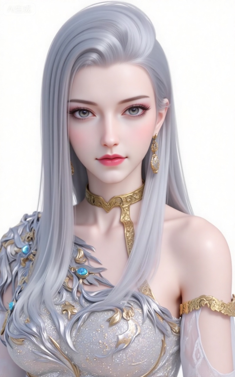 hexi, long hair, white hair, looking at viewer, grey eyes, jewelry, dress, blue eyes, lips, grey hair,upper body,
 white_background,simple_background,pifu,guanghuapifu,liushen,lvjing,lvjing,