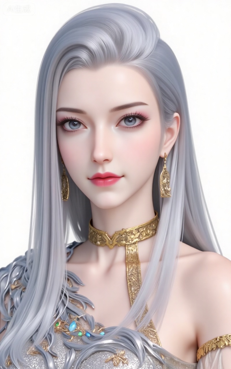 hexi, long hair, white hair, looking at viewer, grey eyes, jewelry, dress, blue eyes, lips, grey hair,upper body,
 white_background,simple_background,pifu,guanghuapifu,liushen,lvjing,lvjing,