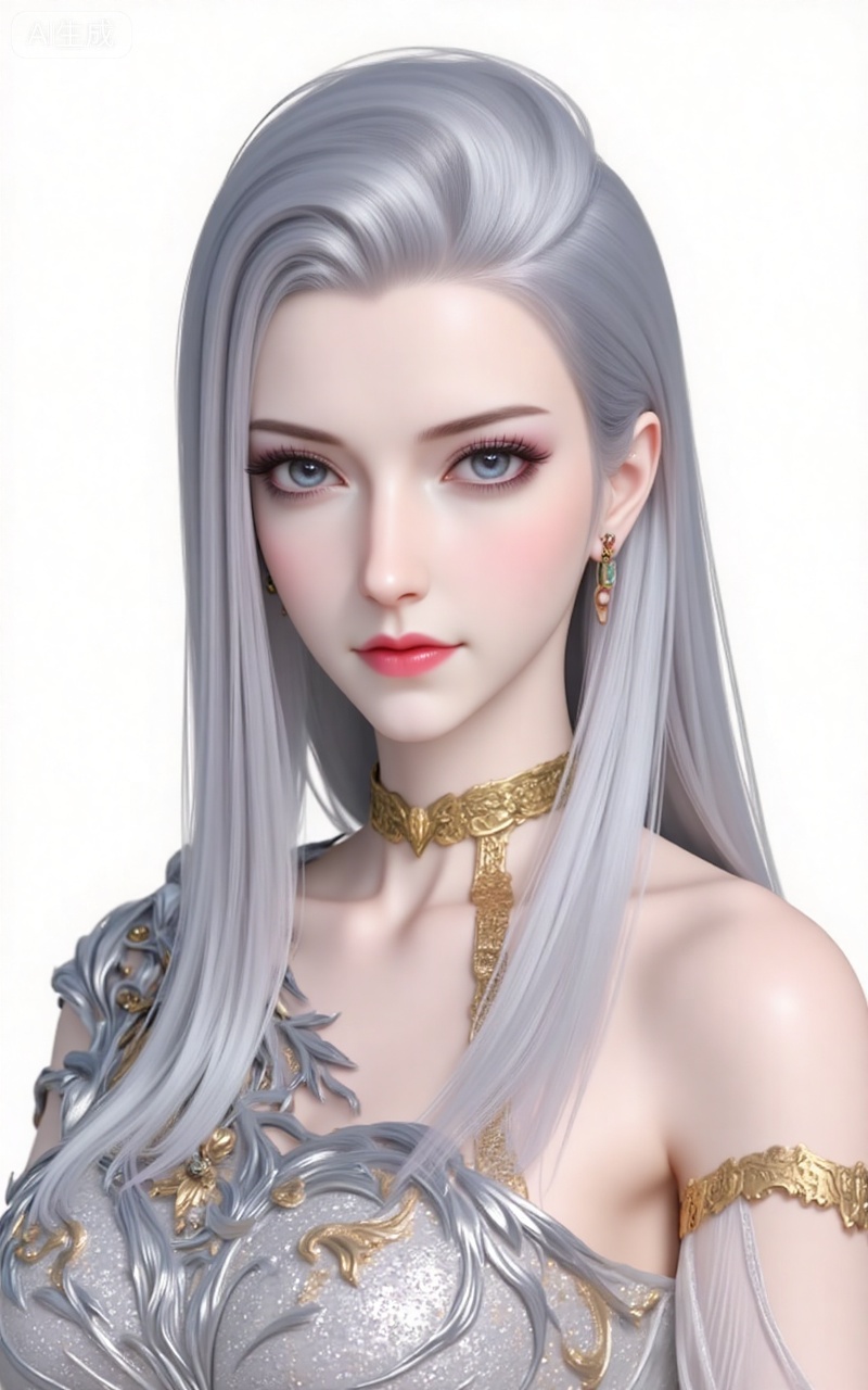hexi, long hair, white hair, looking at viewer, grey eyes, jewelry, dress, blue eyes, lips, grey hair,upper body,
 white_background,simple_background,pifu,guanghuapifu,liushen,lvjing,lvjing,