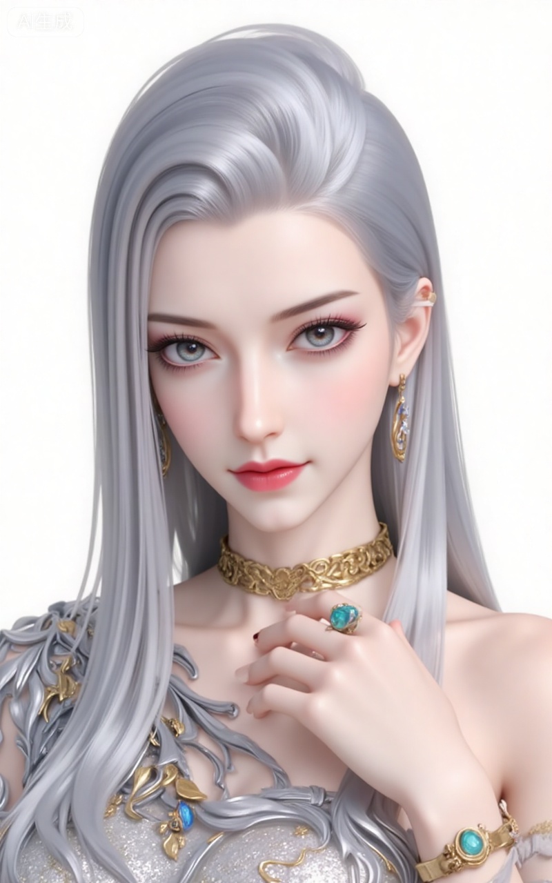 hexi, long hair, white hair, looking at viewer, grey eyes, jewelry, dress, blue eyes, lips, grey hair,upper body,
 white_background,simple_background,pifu,guanghuapifu,liushen,lvjing,lvjing,