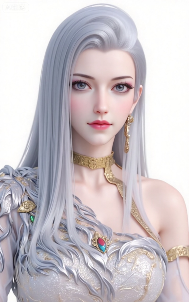 hexi, long hair, white hair, looking at viewer, grey eyes, jewelry, dress, blue eyes, lips, grey hair,upper body,
 white_background,simple_background,pifu,guanghuapifu,liushen,lvjing,lvjing,