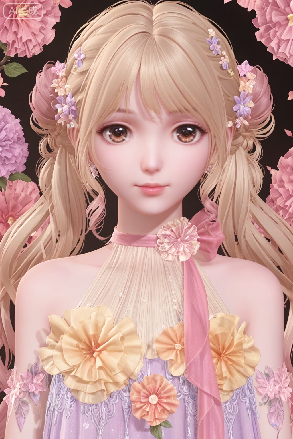 1girl, solo, long hair, looking at viewer, blonde hair, hair ornament, dress, bare shoulders, twintails, brown eyes, upper body, flower, hair flower, lips