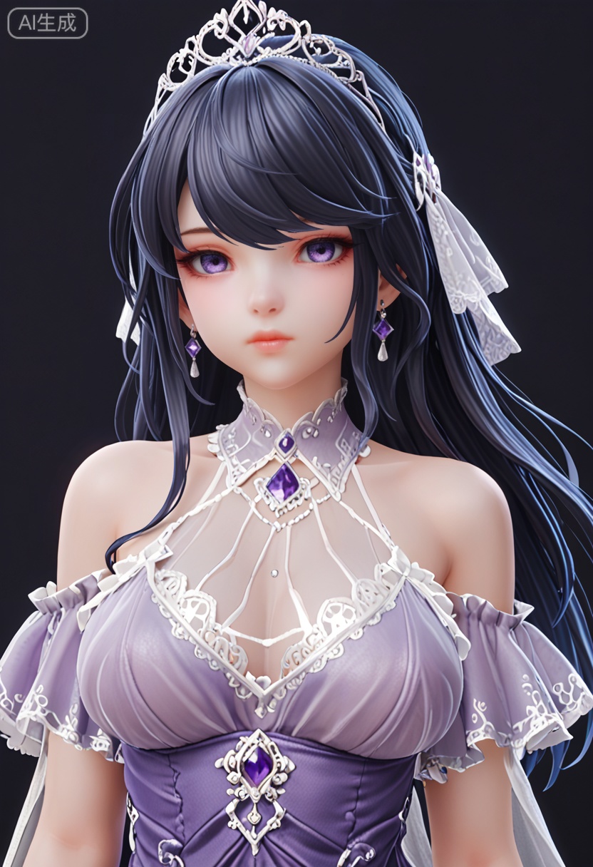 score_9,looking_at_viewer,upper body,(huge breasts:0.5),yechangong,solo,1girl,black hair,long hair,hair ornament,jewelry,earrings,expressionless,closed mouth,dress,purple eyes,white dress,(purple dress:1.1),bare shoulders,detached collar,tiara,(see-through:1.2),(simple background,pure black background,black background:1.1),perfect_anatomy,,