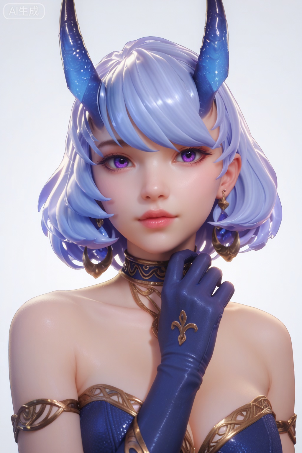 supermodel,score_8_up,score_7_up,hyperdetailed,hyperrealistic,volumetric lighting,focus on face,textured skin,eye lighting,SkinHairDetail,zPDXL,very attractive,Expressiveh,realistic skin,score_9,score_8_up,score_9,score_8_up,1 girls,high cold face,yujie,perfect round large,breasts,jewelry,beautiful eyes,detailed eyes,lips,bare shoulders,blue gloves,blue hair,choker,earrings,gloves,horns,jewelry,purple eyes,short hair,portrait,facial close-up,