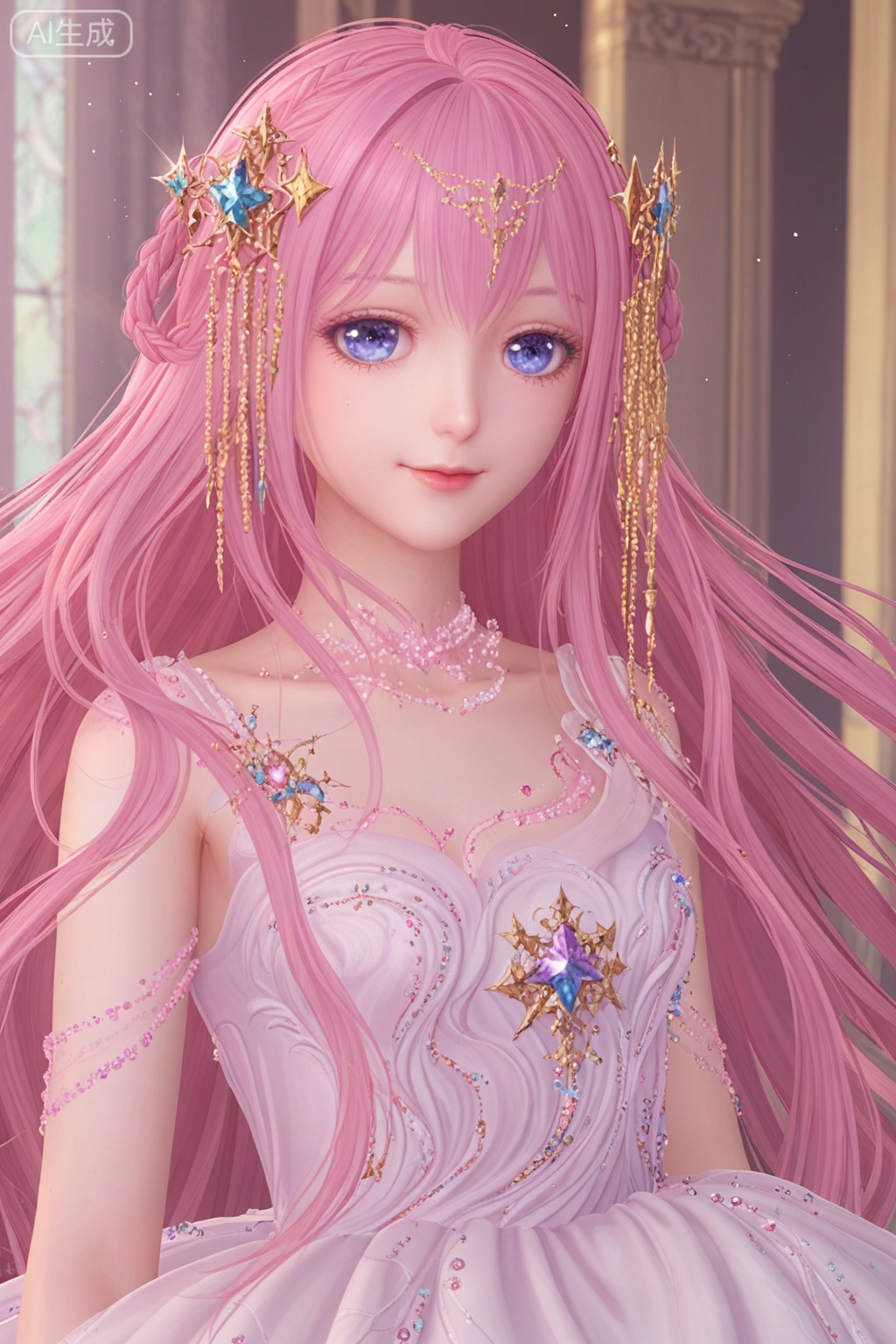 1girl, solo, long hair, looking at viewer, smile, blue eyes, hair ornament, dress, purple eyes, pink hair, white dress, megurine luka