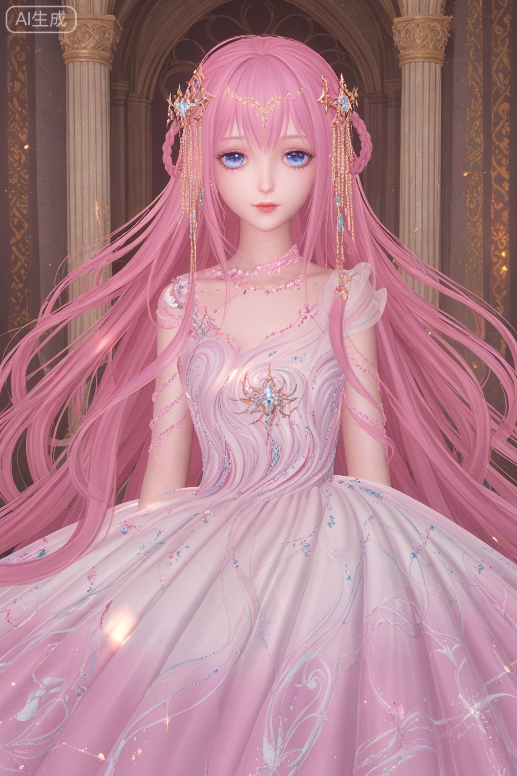 1girl, solo, long hair, looking at viewer, blue eyes, hair ornament, dress, sitting, very long hair, pink hair, white dress, pink dress, megurine luka,light,shine,sitting,