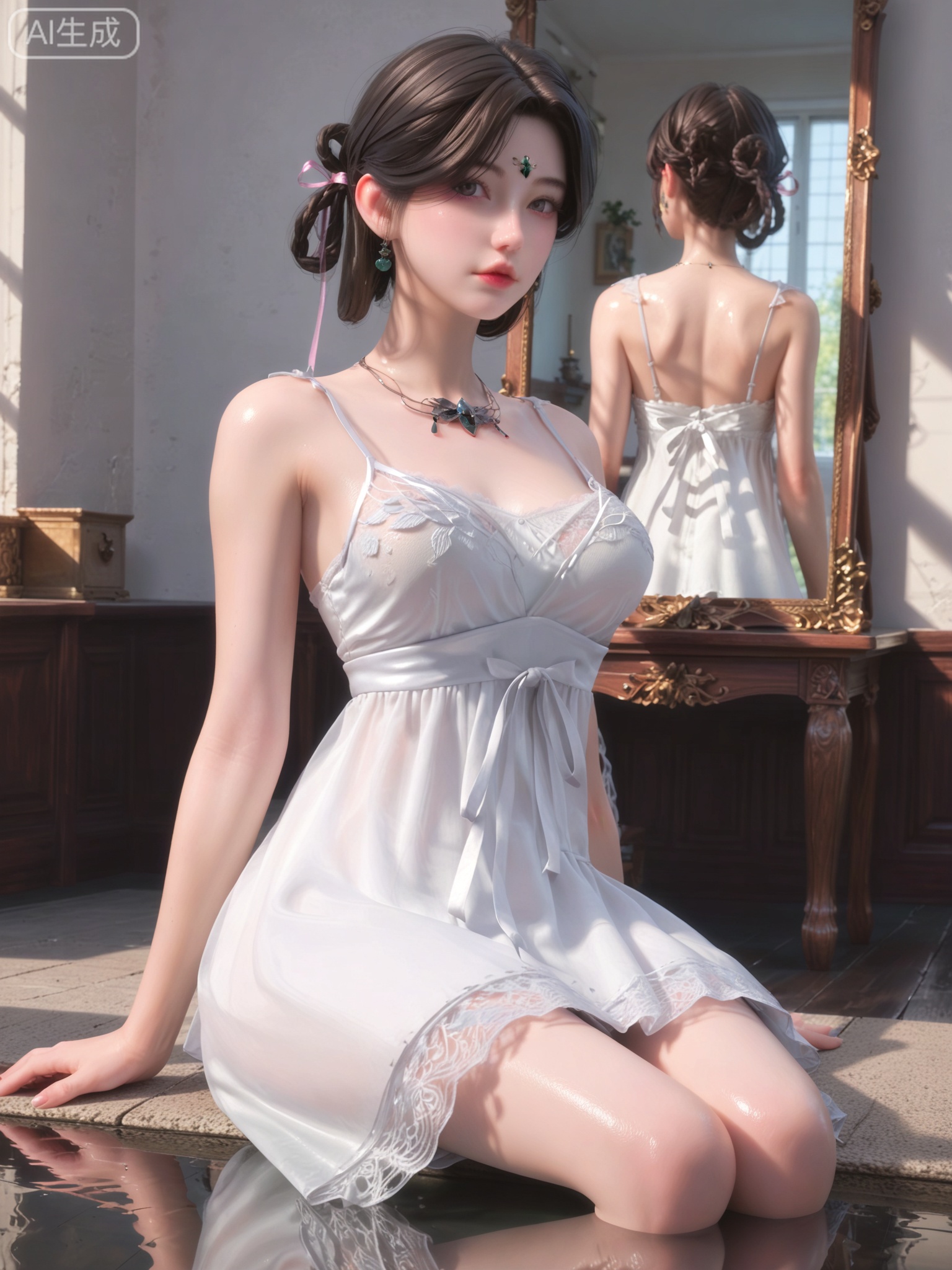 score_9,score_8_up,score_7_up,1girl,looking_at_viewer,realistic,photorealistic,1girl,Vivid Colors,(white babydoll:1.3),bright environment,shiny skin,shiny hairjewelry,detail eyes,Eyes highlights,extreme detail description,(full body:0.8),light,glowing,sunshine,bright,reflection,bright,sunshine on face,shiny,shinny,petite,thin,leg slimming,lose weight,slim hips,lakeside,delicate water,reflection,specular reflection,sitting_down,(shinny,petite:1.3),