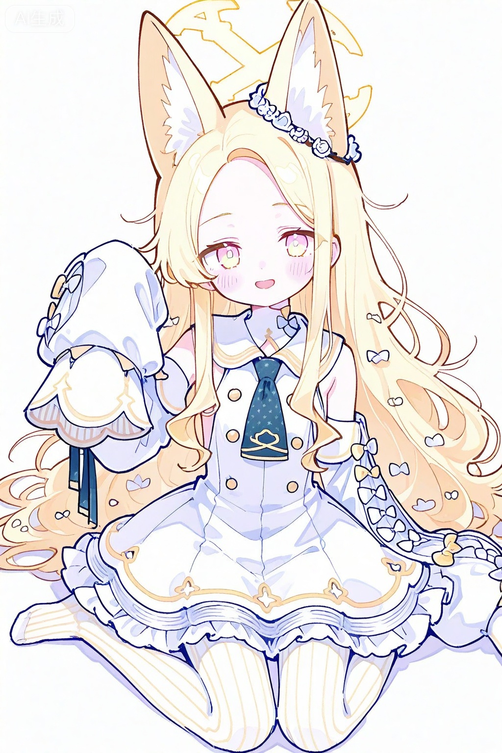 blue archive, seia \(blue archive\), 1girl, animal ear fluff, animal ears, blonde hair, blush, bow, cross halo, detached sleeves, dress, forehead, fox ears, fox girl, full body, halo, hand up, long hair, looking at viewer, messy hair, multicolored eyes, necktie, no shoes, open mouth, pantyhose, petticoat, pink eyes, simple background, single ear down, sitting, sleeveless, sleeveless dress, sleeves past fingers, sleeves past wrists, smile, solo, striped clothes, striped pantyhose, two-tone eyes, vertical-striped clothes, vertical-striped pantyhose, wariza, white background, white bow, white dress, white pantyhose, yellow bow, yellow eyes, yellow halo

