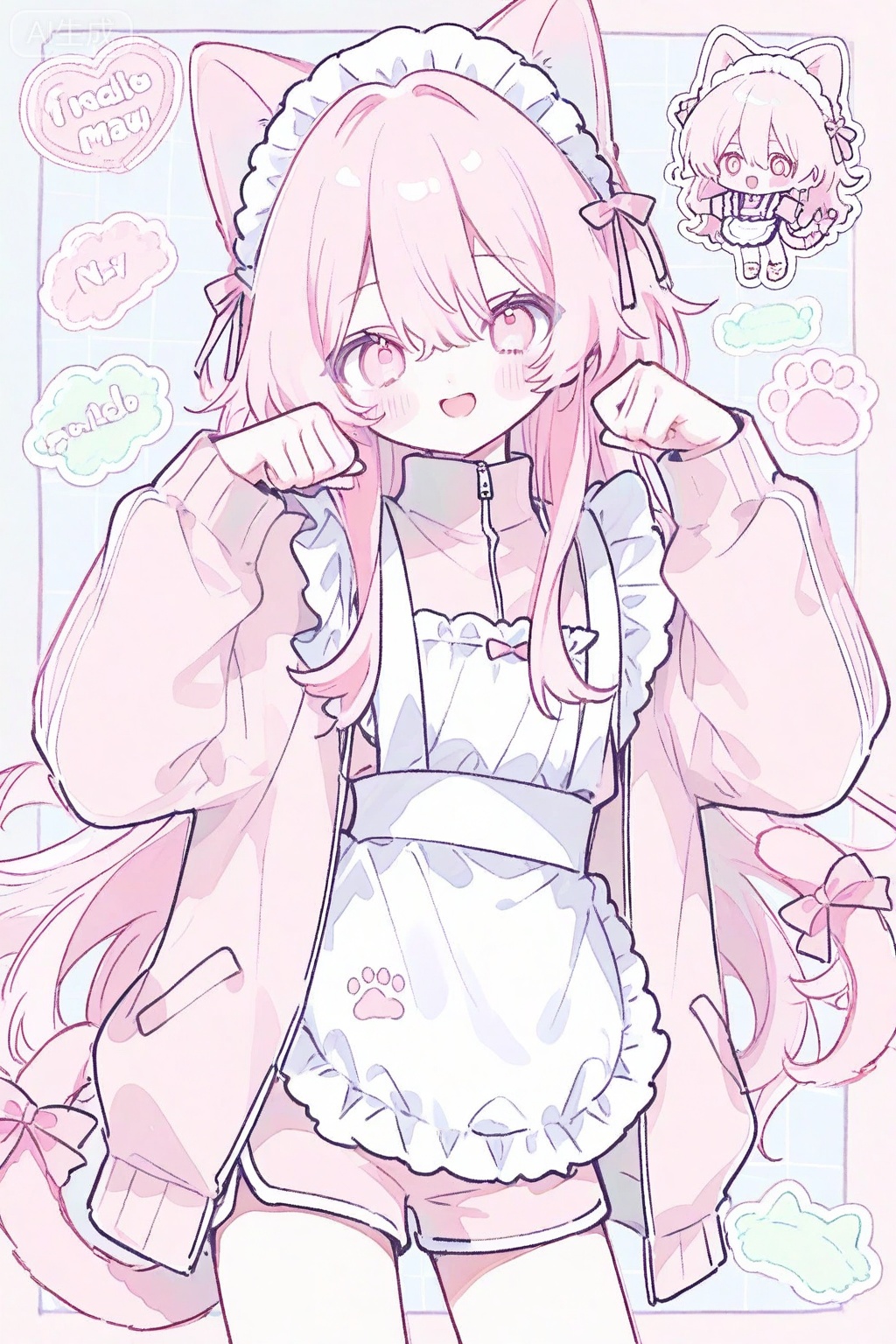1other, androgynous, animal ears, apron, blush, bow, cat ears, cat girl, cat tail, chibi, cowboy shot, english text, frilled apron, frills, jacket, kemonomimi mode, long hair, long sleeves, maid, maid apron, maid headdress, open mouth, other focus, pastel colors, paw pose, pink bow, pink eyes, pink hair, pink jacket, pink shorts, pink theme, shorts, sidelocks, smile, tail, tail bow, tail ornament, track jacket, turtleneck, turtleneck jacket, unconventional maid, white apron 