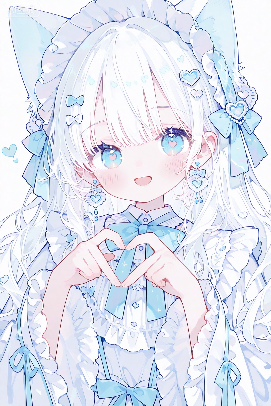 1girl, heart, blue eyes, heart hands, animal ears, solo, jewelry, open mouth, looking at viewer, long hair, white hair, cat ears, smile, earrings, long sleeves, blush, white background, simple background, dress, upper body, frilled sleeves, pillarboxed, hair ornament, frills, blue bow, wide sleeves, lolita fashion, bow, white dress, blue bowtie, bonnet