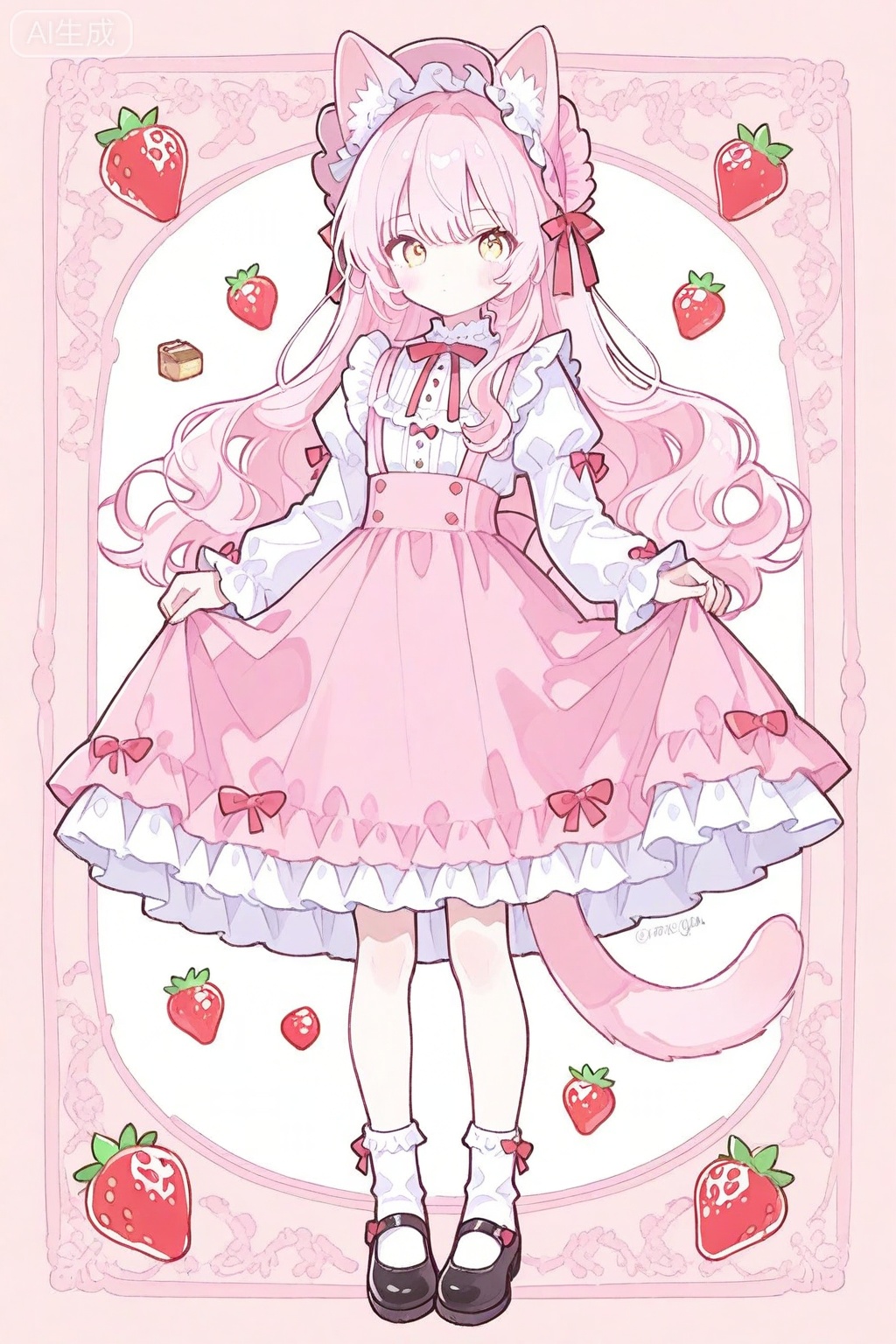 1girl, animal ear fluff, animal ears, black shoes, blush, bonnet, bow, bow legwear, cat ears, cat girl, cat tail, closed mouth, food, frilled skirt, frills, fruit, full body, juliet sleeves, long hair, long sleeves, looking at viewer, mary janes, pink bonnet, pink hair, pink skirt, puffy sleeves, red bow, shirt, shoes, skirt, skirt hold, socks, solo, standing, strawberry, tail, watermark, white shirt, white socks, yellow eyes

