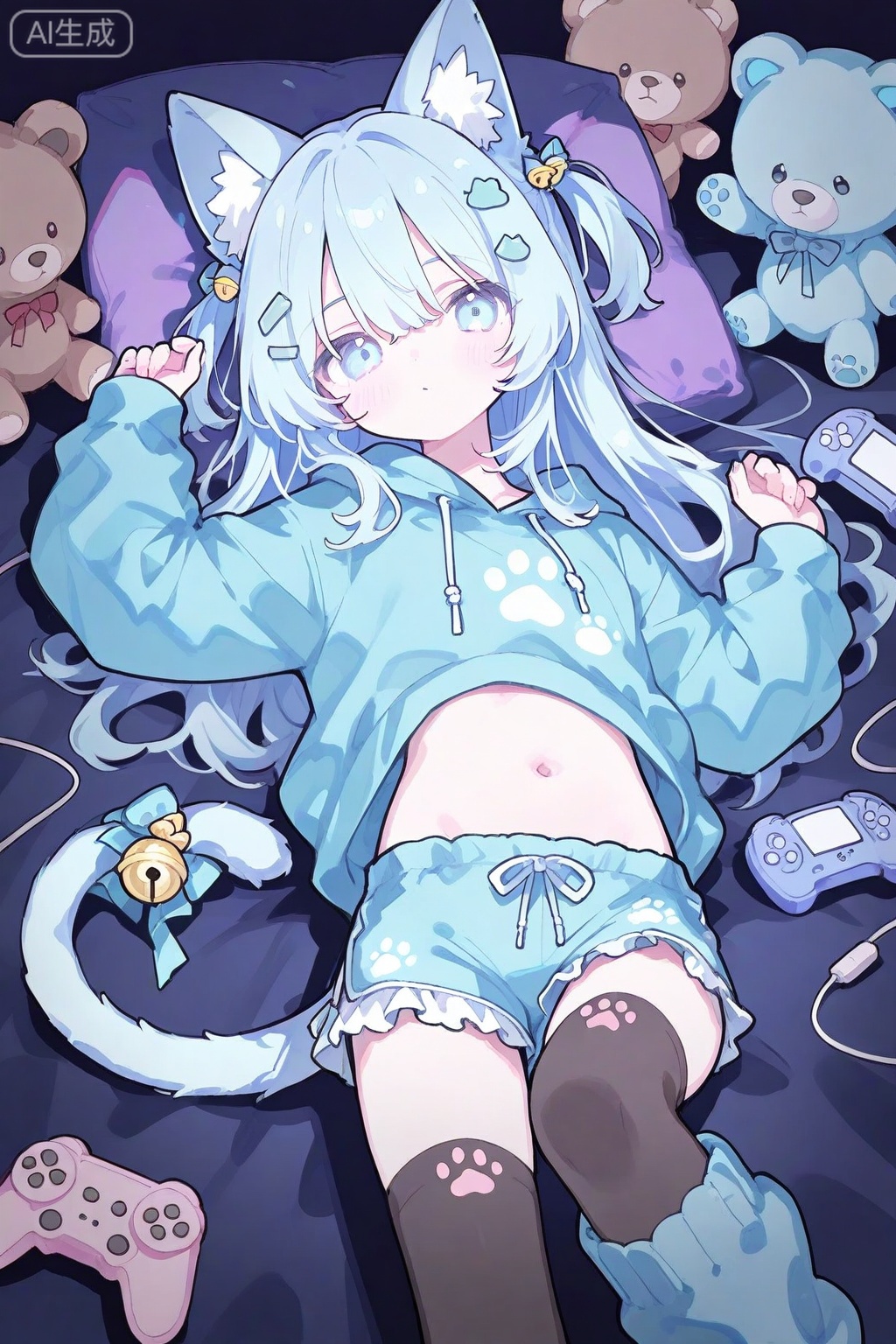 1girl, animal ear fluff, animal ears, bell, blue eyes, blue hair, blue hoodie, blue shorts, blue tail, bow, cat ears, cat girl, cat tail, controller, frilled shorts, frills, game controller, hair ornament, handheld game console, hood, hoodie, leg warmers, long hair, looking at viewer, lying, on stomach, paw print, pillow, shorts, soles, solo, stuffed animal, stuffed toy, tail, tail bell, tail ornament, teddy bear, tenshi kaiwai, thighhighs, two side up 

