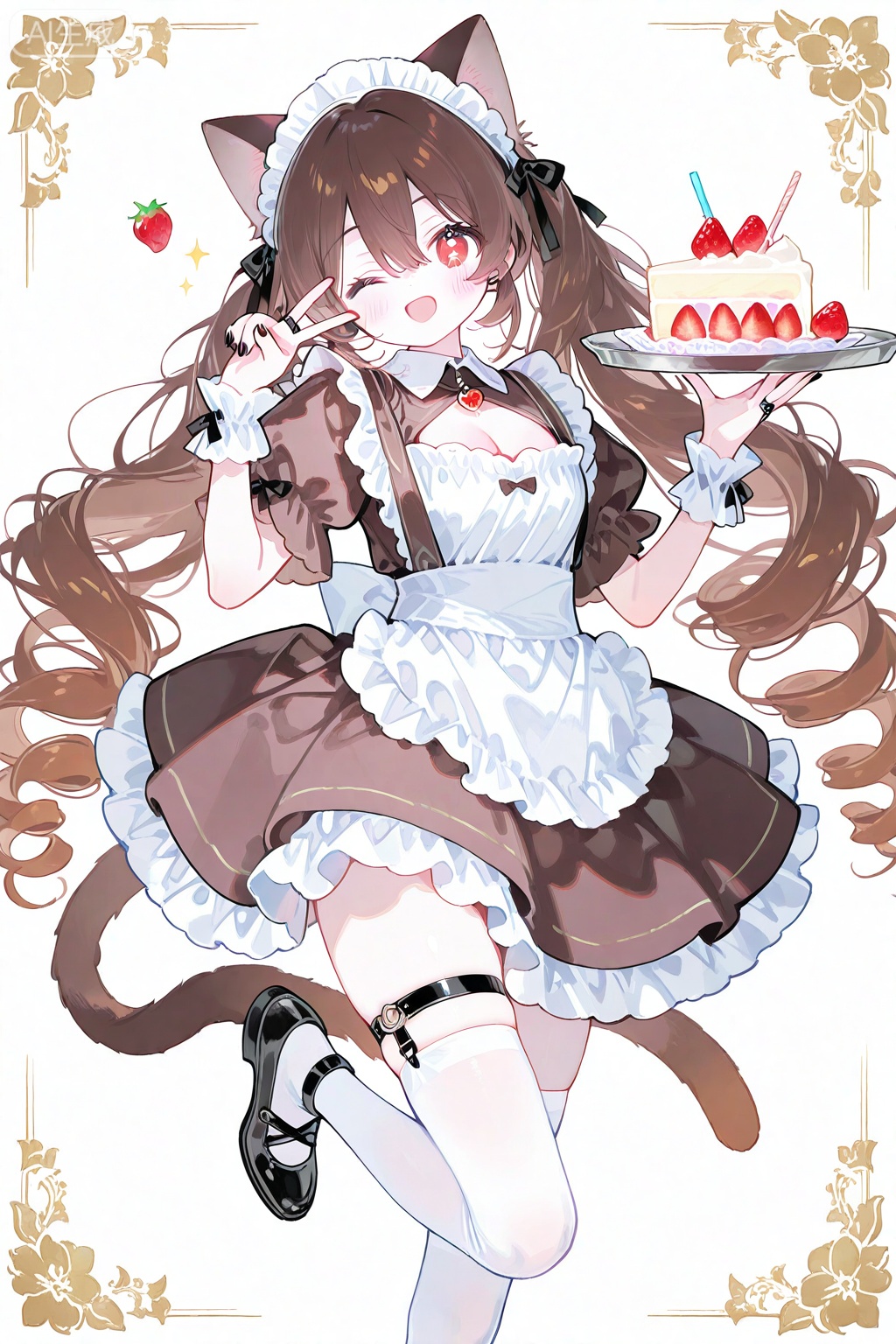 1girl, ;d, alternate costume, animal ears, ankleband, apron, black nails, black shoes, blush, breasts, brown dress, brown hair, cake, cake slice, cat ears, cat girl, cat tail, cleavage, cleavage cutout, clothing cutout, dress, drill hair, drinking straw, enmaided, flower-shaped pupils, food, frilled apron, frilled dress, frills, fruit, full body, glass, hair between eyes, hands up, holding, holding tray, jewelry, kemonomimi mode, leg up, long hair, looking at viewer, maid, maid apron, maid headdress, one eye closed, open mouth, puffy sleeves, red eyes, ring, shoes, simple background, small breasts, smile, solo, standing, standing on one leg, strawberry, symbol-shaped pupils, tail, thigh strap, thighhighs, thighs, tray, twintails, v, very long hair, white apron, white background, white thighhighs, white wrist cuffs, wrist cuffs

