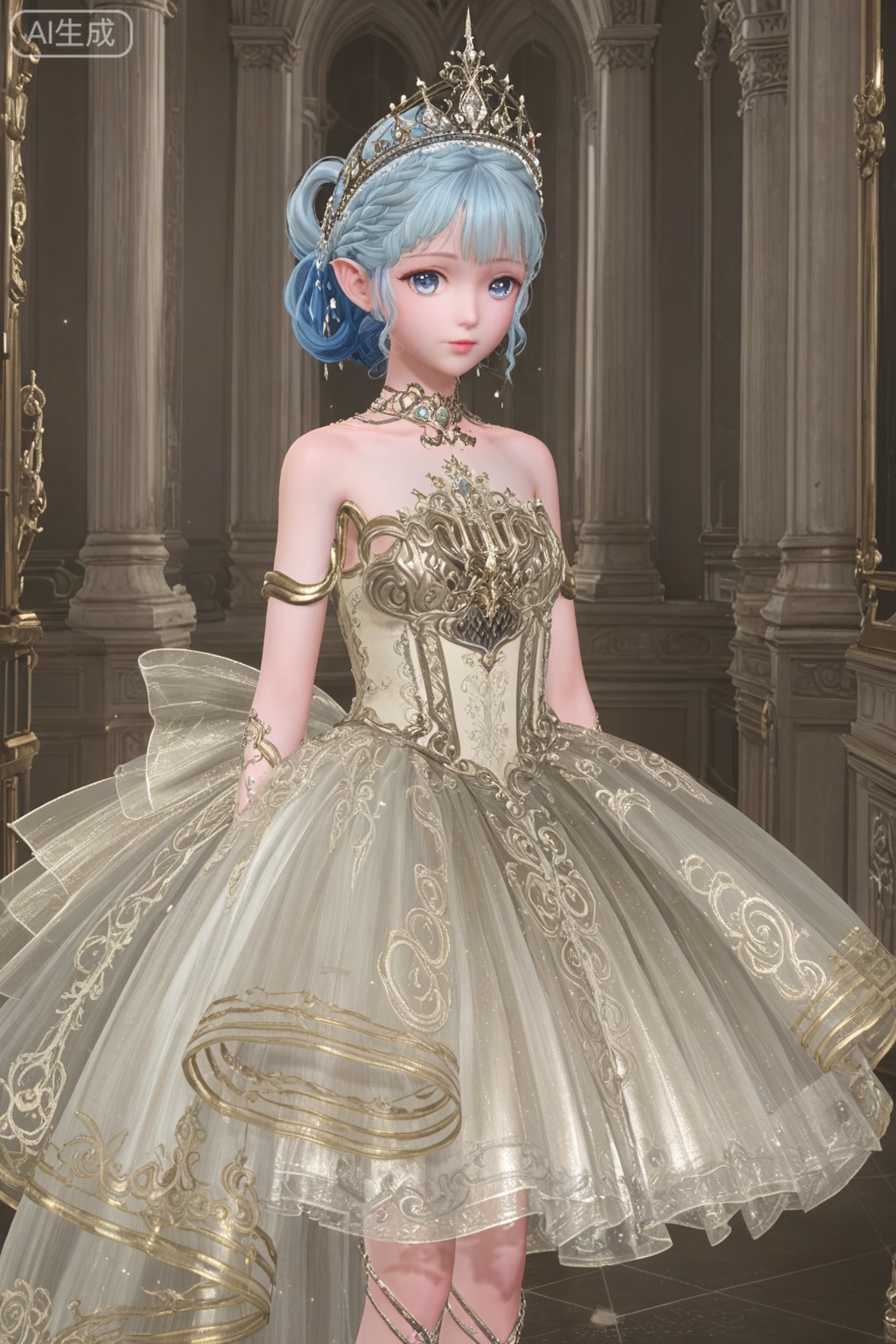 1girl, solo, looking at viewer, blue eyes, dress, bare shoulders, jewelry, blue hair, standing, pointy ears, white dress, tiara, crown, ballerina, sitting