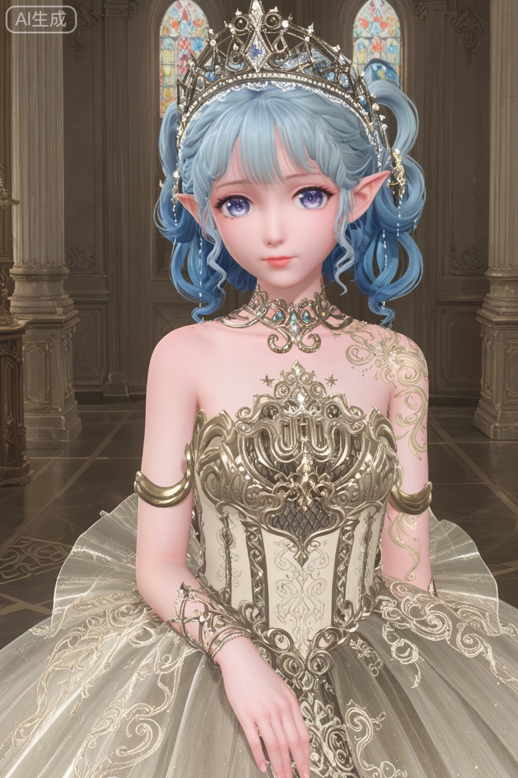 1girl, solo, looking at viewer, blue eyes, dress, bare shoulders, jewelry, blue hair, standing, pointy ears, white dress, tiara, crown, ballerina, sitting,upper_body