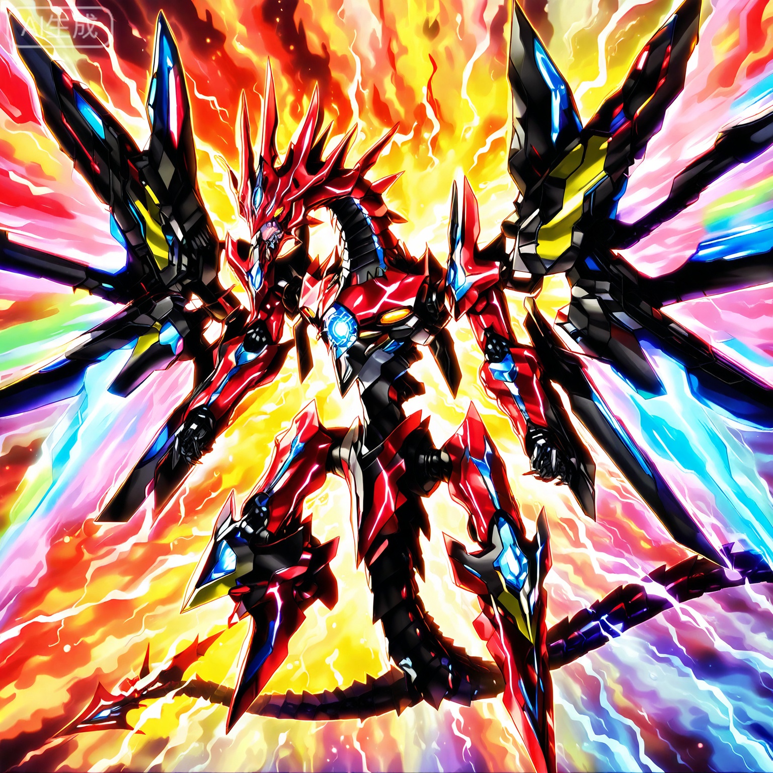Epic dynamic portrait of a bio-mechanical dragon roaring amidst a chaotic temporal storm, its obsidian and amethyst armor fused with pulsating organic circuitry. black mechanical dragon, glowing eyes, yellow_eyes, dark tachyon. Crimson bioluminescent veins throb across its form, outlining muscle-like hydraulic pistons and spinal energy conduits. Behind it looms a fractured chronosphere - a colossal clockwork mechanism with shattered numerals floating in stasis, its gears interlocking with reality-distorting waves. 
Lightning composed of fractured spacetime arcs across the scene, illuminating nebulaic clouds where galaxies are born and die in rapid succession. The dragon's tail terminates in a crystalline stinger emitting red chronal radiation, while its wings unfold as jagged energy matrices that warp the fabric of causality. 
Art style: Temporal catastrophe illustration reminiscent of Yu-Gi-Oh!'s number monsters, hyper-detailed mechanical corruption, volumetric temporal distortions, iridescent oil-slick energy effects, color palette: void black, quantum violet, entropy crimson --ar 16:9 --niji 6 --style scenic.ntropy crimson --ar 16:9 --niji 6 --style scenic