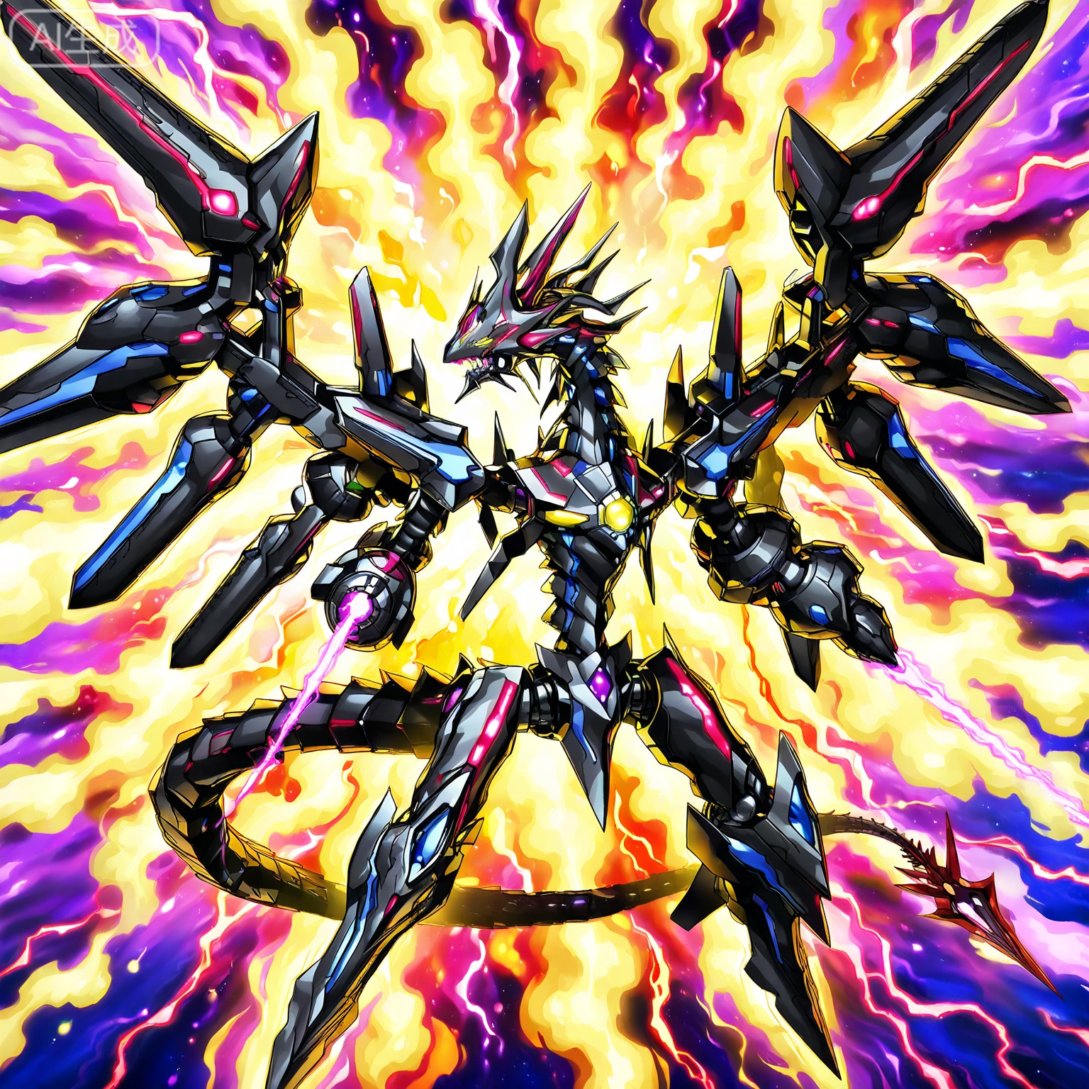 Epic dynamic portrait of a bio-mechanical dragon roaring amidst a chaotic temporal storm, its obsidian and amethyst armor fused with pulsating organic circuitry. black mechanical dragon, glowing eyes, yellow_eyes, dark tachyon. Crimson bioluminescent veins throb across its form, outlining muscle-like hydraulic pistons and spinal energy conduits. Behind it looms a fractured chronosphere - a colossal clockwork mechanism with shattered numerals floating in stasis, its gears interlocking with reality-distorting waves, (((No fingers))), (no_human).
Lightning composed of fractured spacetime arcs across the scene, illuminating nebulaic clouds where galaxies are born and die in rapid succession. The dragon's tail terminates in a crystalline stinger emitting purple chronal radiation, while its wings unfold as jagged energy matrices that warp the fabric of causality. Background: huge black clock, darkness.
Art style: Temporal catastrophe illustration reminiscent of Yu-Gi-Oh!'s number monsters, hyper-detailed mechanical corruption, volumetric temporal distortions, black oil-slick energy effects, color palette: void black, quantum violet, entropy crimson --ar 16:9 --niji 6 --style scenic.ntropy crimson --ar 16:9 --niji 6 --style scenic
