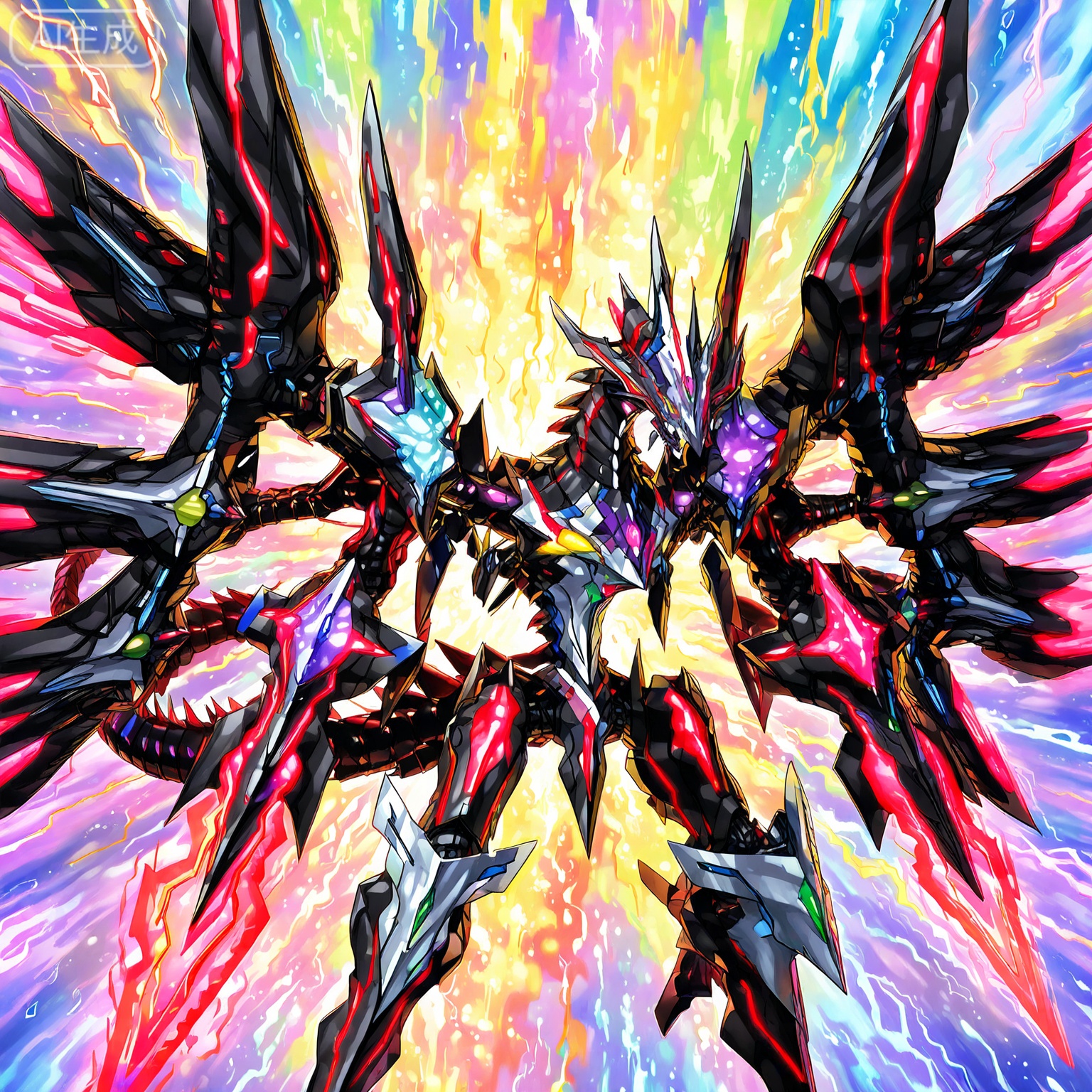 Epic dynamic portrait of a bio-mechanical dragon roaring amidst a chaotic temporal storm, its obsidian and amethyst armor fused with pulsating organic circuitry. black mechanical dragon, glowing eyes, yellow_eyes, dark tachyon. Crimson bioluminescent veins throb across its form, outlining muscle-like hydraulic pistons and spinal energy conduits. Behind it looms a fractured chronosphere - a colossal clockwork mechanism with shattered numerals floating in stasis, its gears interlocking with reality-distorting waves. (glowing cerulean power circuits tracing across limbs replaced by razor-sharp prismatic blade prosthetics), (((No fingers))), (no_human).
Lightning composed of fractured spacetime arcs across the scene, illuminating nebulaic clouds where galaxies are born and die in rapid succession. The dragon's tail terminates in a crystalline stinger emitting red chronal radiation, while its wings unfold as jagged energy matrices that warp the fabric of causality. 
Art style: Temporal catastrophe illustration reminiscent of Yu-Gi-Oh!'s number monsters, hyper-detailed mechanical corruption, volumetric temporal distortions, iridescent oil-slick energy effects, color palette: void black, quantum violet, entropy crimson --ar 16:9 --niji 6 --style scenic.ntropy crimson --ar 16:9 --niji 6 --style scenic