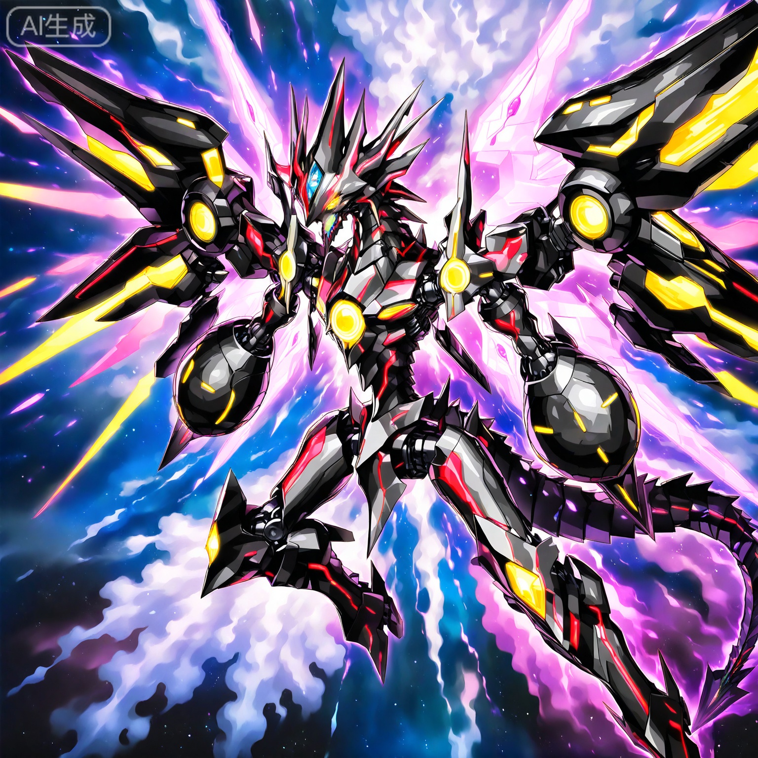 Epic dynamic portrait of a bio-mechanical dragon roaring amidst a chaotic temporal storm, its obsidian and amethyst armor fused with pulsating organic circuitry. black mechanical dragon, glowing eyes, yellow_eyes, dark tachyon. Crimson bioluminescent veins throb across its form, outlining muscle-like hydraulic pistons and spinal energy conduits. Behind it looms a fractured chronosphere - a colossal clockwork mechanism with shattered numerals floating in stasis, its gears interlocking with reality-distorting waves, (((No fingers))), (no_human).
Lightning composed of fractured spacetime arcs across the scene, illuminating nebulaic clouds where galaxies are born and die in rapid succession. The dragon's tail terminates in a crystalline stinger emitting purple chronal radiation, while its wings unfold as jagged energy matrices that warp the fabric of causality. Background: huge black clock, darkness.
Art style: Temporal catastrophe illustration reminiscent of Yu-Gi-Oh!'s number monsters, hyper-detailed mechanical corruption, volumetric temporal distortions, black oil-slick energy effects, color palette: void black, quantum violet, entropy crimson --ar 16:9 --niji 6 --style scenic.ntropy crimson --ar 16:9 --niji 6 --style scenic