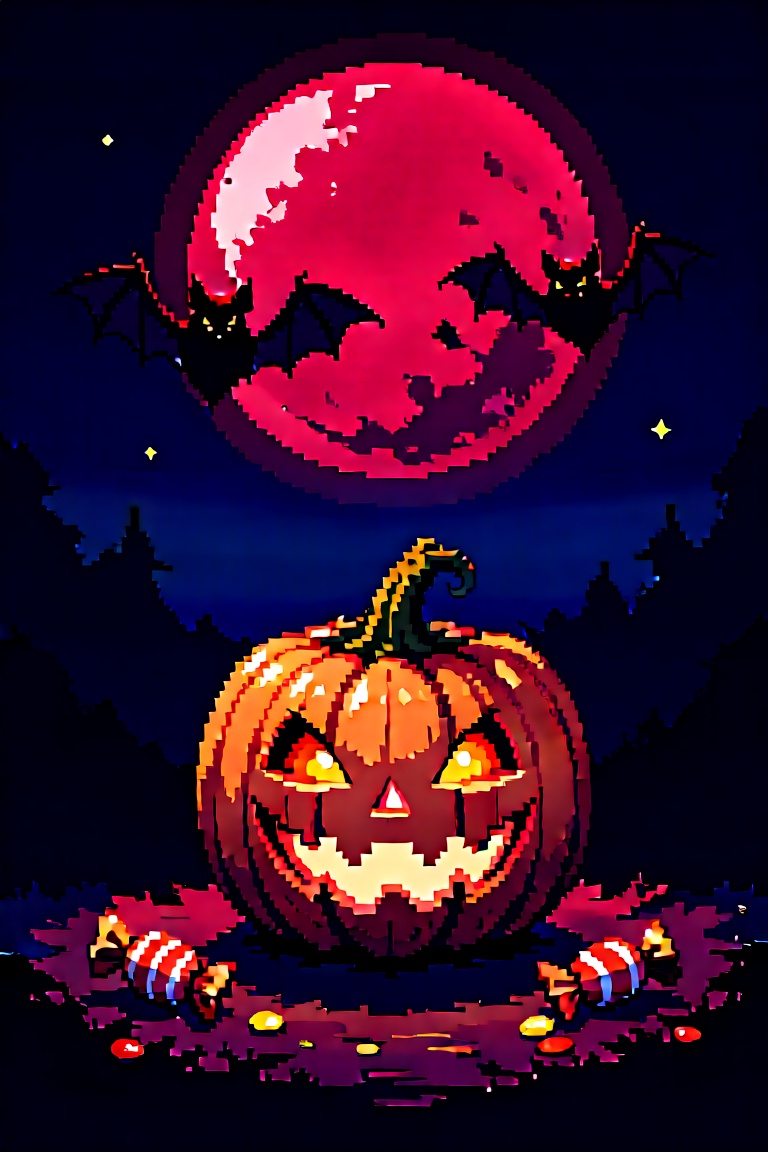 Create a pixel anime style illustration featuring a blood moon,  a pumpkin,  and a bat against a midnight backdrop. The sc...