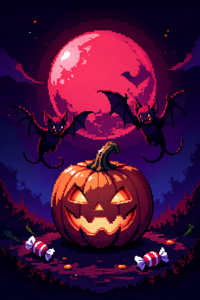 Create a pixel anime style illustration featuring a blood moon,  a pumpkin,  and a bat against a midnight backdrop. The sc...