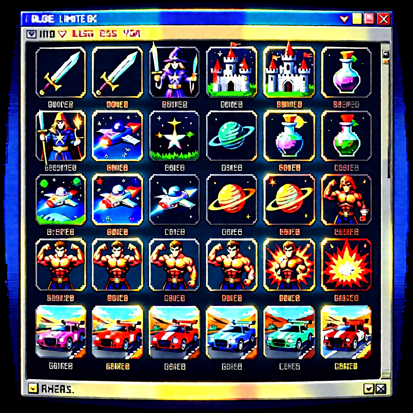 A detailed 1990s pixel-art icon sheet displayed on a faux DOS-style game launcher interface. Each icon is hand-pixeled and...