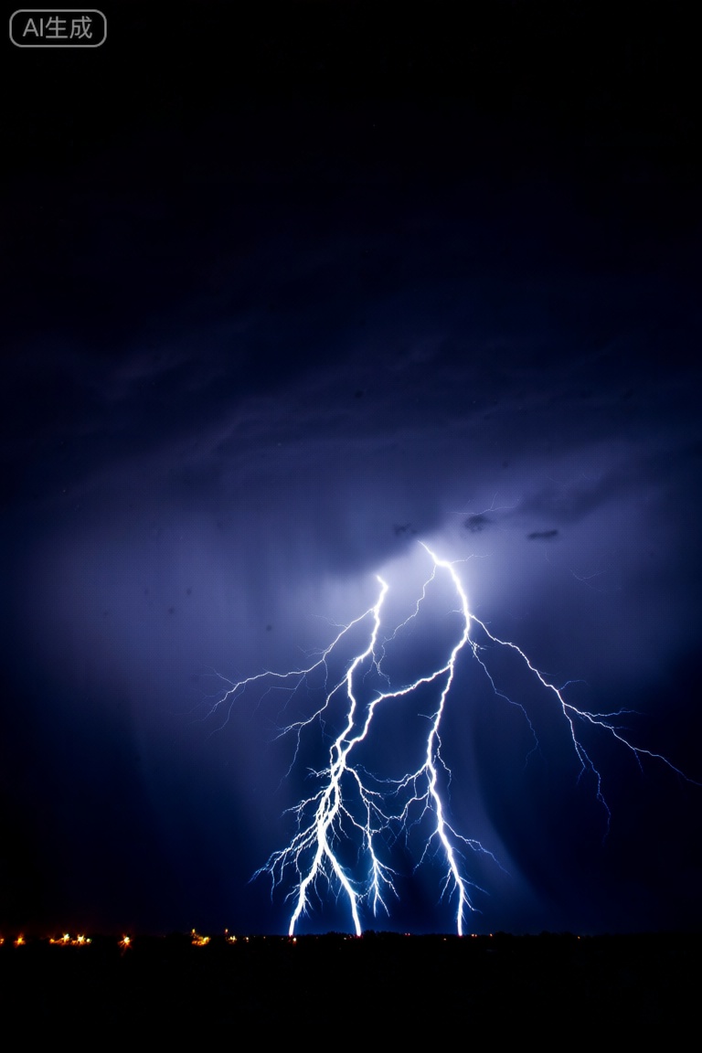 A dramatic night scene with thunder and lightning striking in the background. The lightning illuminates the dark sky, creating a burst of intense white light. The masterful composition captures the raw power of nature, with raindrops visible in the air. The frame is filled with dynamic movement, emphasizing the intensity of the storm.