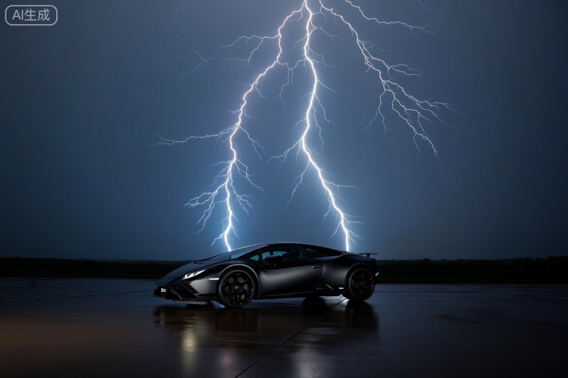 A car driving on a ground, framed with thunder and lightning in the background. The sky is overcast with dark clouds, lightning strikes illuminating the scene. The car's headlights add contrast against the stormy backdrop.,兰博基尼,Thunder and lightning,masterpiece