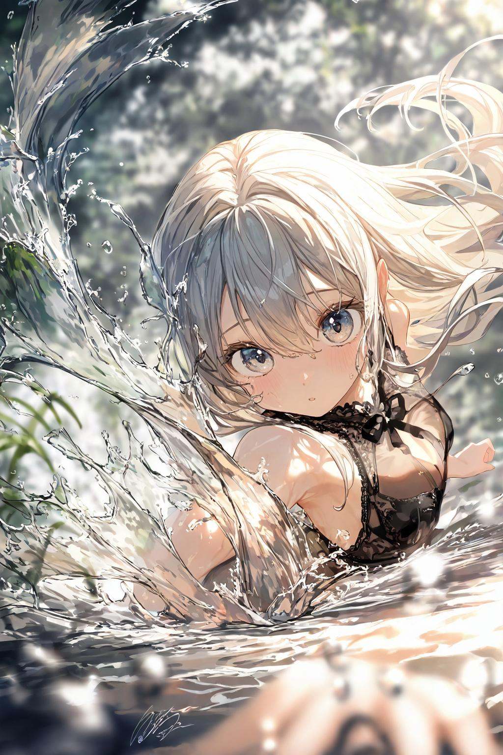highres,extremely detailed 8k wallpaper,illustration,depth of field,great quality,masterpiece,best quality,amazing quality,very aesthetic,absurdres,detail eyes,year 2023,1girl,<lora:water magic:0.8>,water,water splashing,