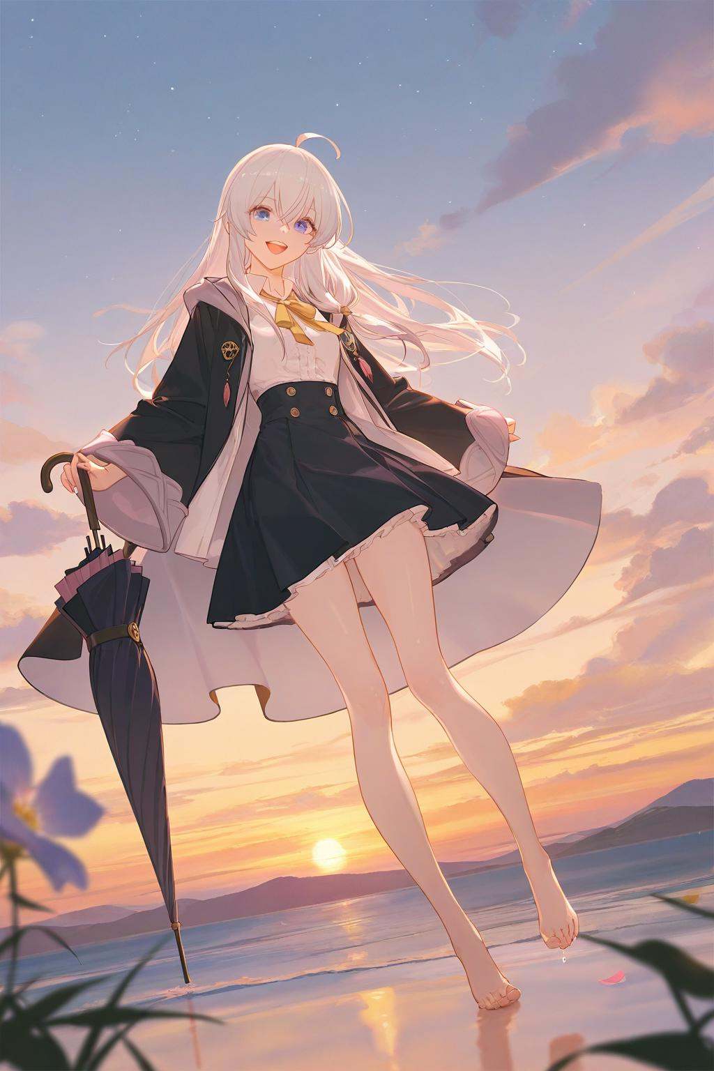 artist:ask_(askzy),artist:yolanda,[artist:WANKE],artist:ciloranko BREAK Simple Flat Coloring,shiny skin,very aesthetic,high definition,masterpiece,illustration,best quality, - 1girl, elaina \(majo no tabitabi\), umbrella, holding, solo, ahoge, holding umbrella, skirt, blue eyes, outdoors, sky, long hair, barefoot, shirt, open mouth, cloud, white shirt, smile, high-waist skirt, bangs, blurry foreground, long sleeves, flower, :d, blurry, neck ribbon, sunset, upper teeth only, white hair, full body, ribbon, hair between eyes, collared shirt, bare legs, star \(sky\), cloak, open clothes, black skirt