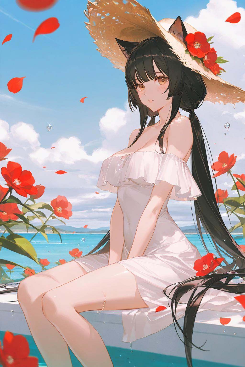 artist:ask_(askzy),artist:yolanda,[artist:WANKE],artist:ciloranko BREAK Simple Flat Coloring,shiny skin,very aesthetic,high definition,masterpiece,illustration,best quality, -cat girl, 1girl, solo, dress, long hair, hat, white dress, sky, outdoors, day, looking at viewer, sitting, cloud, petals, bare shoulders, flower, medium breasts, breasts, twintails, blue sky, water, bangs, straw hat, black hair, off shoulder, water drop, brown eyes, between legs, low twintails, blush, parted lips, red flower, sidelocks, hand between legs, off-shoulder dress, bare legs, cloudy sky, closed mouth, very long hair