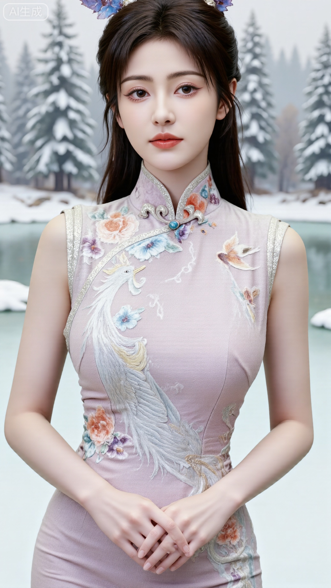 ,(huge breasts, full breasts:2.89)(masterpiece,best quality:1.23),phoenix embroidery cheongsam, solo, ink wash painting style, elegant posture, long flowing hair, ice phoenix motif, embroidered phoenix with crystal details, snowy landscape background, snow-covered pine trees, frozen lake, ethereal and cold atmosphere,(huge breasts, full breasts:2.99)Xbigbreasts,XbaifengsongyuYH,XzhenniteH,XliuyuH,XfenghuangqipaoXF,XfenghuangqipaoXF