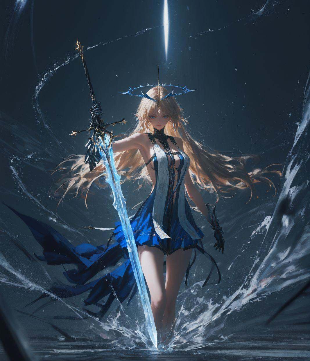 oil painting,impasto,highres,extremely detailed 8k wallpaper,illustration,depth of field,great quality,masterpiece,best quality,amazing quality,very aesthetic,absurdres,wallpaper,detail eyes,artist:dino_(dinoartforame),artist:konya_karasue,artist:nixeu,artist:wlop,artist:ciloranko BREAK1girl,solo,Fleurdelys \(wuthering waves\),large blue levitating spiked circlet,forehead mark with forehead horn,long hair,weapon,blonde hair,sword,blue eyes,gauntlets,dress,breasts,looking at viewer,gloves,bare shoulders,blue dress,glowing weapon,<lora:Cartethyia&Fleurdelys-ill-Tanger:0.6>,