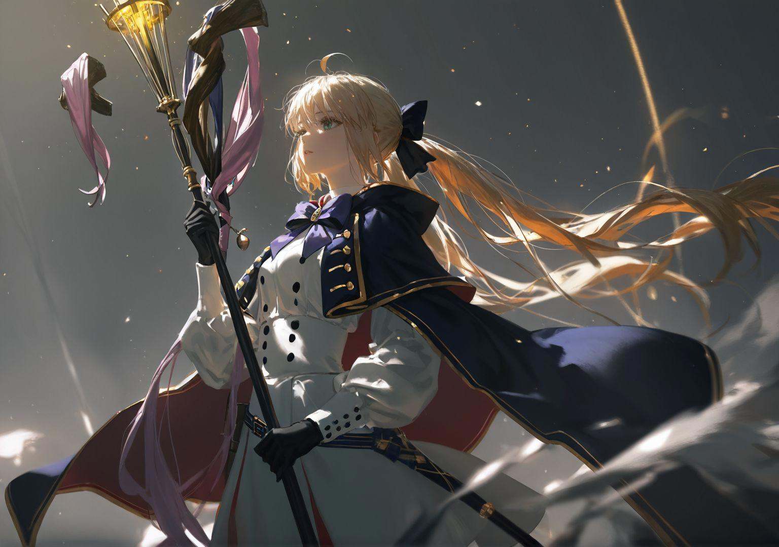 oil painting,impasto,highres,extremely detailed 8k wallpaper,illustration,depth of field,great quality,masterpiece,best quality,amazing quality,very aesthetic,absurdres,wallpaper,detail eyes,Dark Souls style,artist:dino_(dinoartforame),artist:konya_karasue,artist:nixeu,(artist:wlop:0.5),artist:ciloranko BREAK1girl,artoria caster (fate),artoria pendragon (fate),blonde hair,gloves,green eyes,long hair,artoria caster (second ascension) (fate),staff,holding,holding staff,solo,black gloves,twintails,bow,cape,long sleeves,bangs,ribbon,hair bow,blue cape,parted lips,messy hair,Flowing hair,