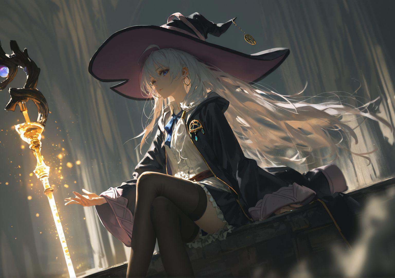 oil painting,impasto,highres,extremely detailed 8k wallpaper,illustration,depth of field,great quality,masterpiece,best quality,amazing quality,very aesthetic,absurdres,wallpaper,detail eyes,Dark Souls style,artist:dino_(dinoartforame),artist:konya_karasue,artist:nixeu,(artist:wlop:0.5),artist:ciloranko BREAKelaina \(majo no tabitabi\),1girl,solo,long hair,thighhighs,jewelry,earrings,crossed legs,sitting,skirt,looking at viewer,hoop earrings,bangs,ribbon,closed mouth,witch,mage staff,glowing staff,(white hair:1.7),flowing hair,very long hair,