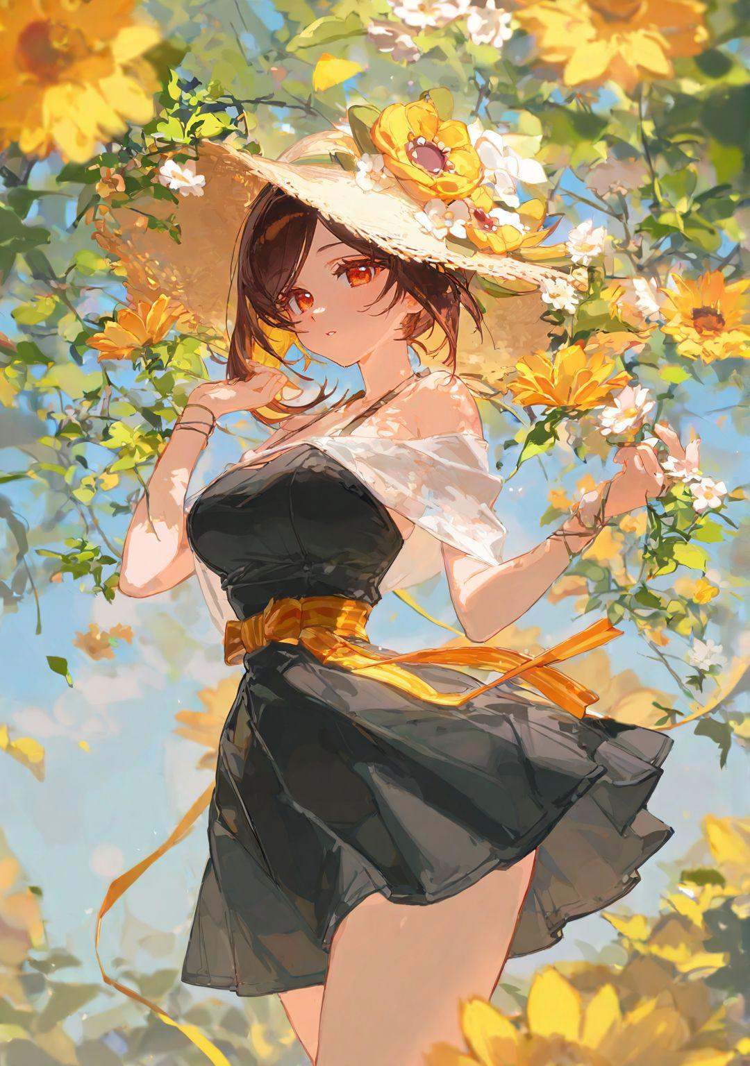 highres,extremely detailed 8k wallpaper,illustration,depth of field,great quality,masterpiece,best quality,amazing quality,very aesthetic,absurdres,detail eyes,Chosen pastel style,artist:ciloranko BREAKcurvy,(narrow waist:1.1),<lora:Chosen pastel style:0.8>,(Chiori \(genshin impact\):0.7),black dress,bare shoulder,sun dress,short dress,flowers,spring,