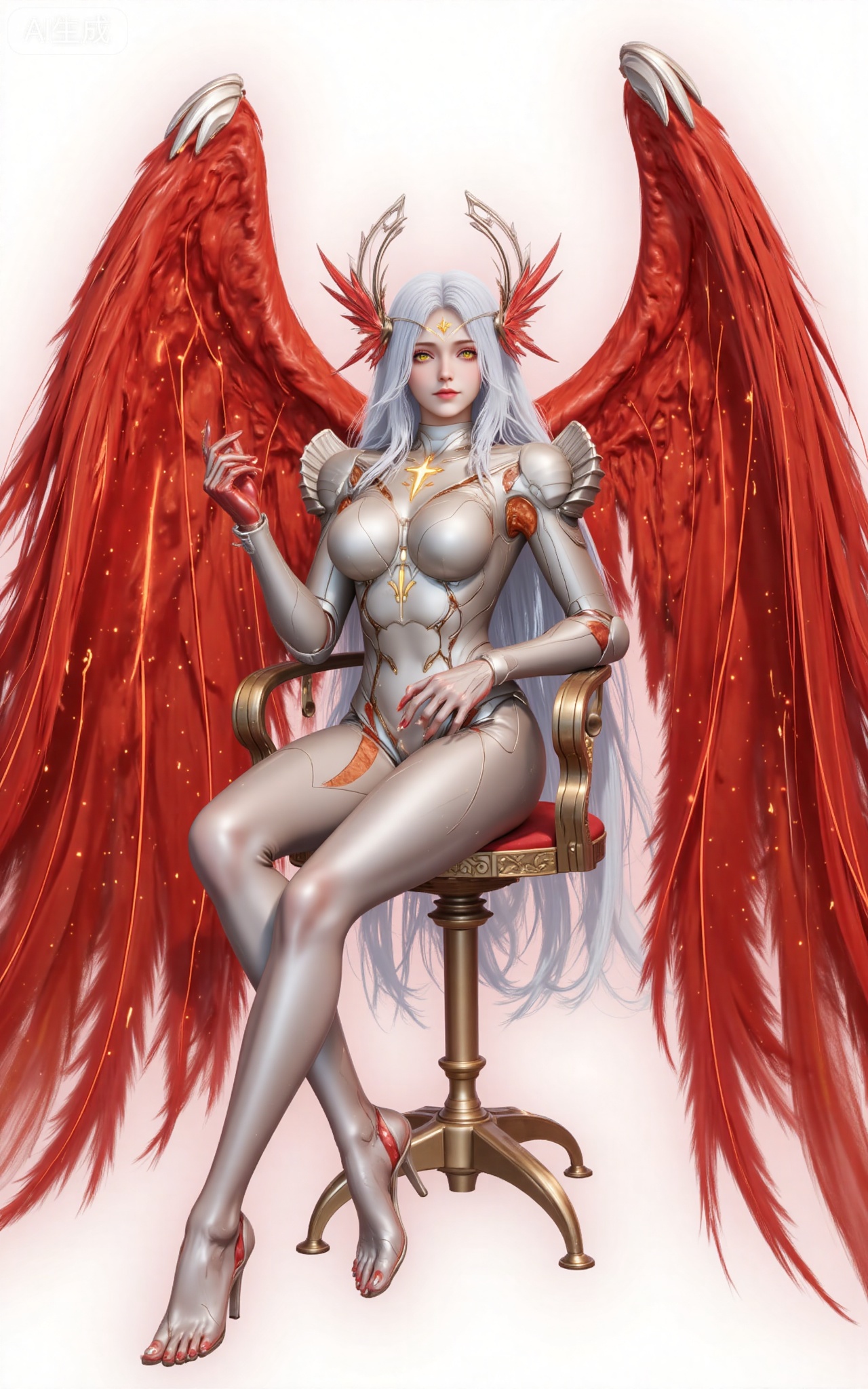 xinghuanwang, 1girl, wings, solo, long hair, white hair, yellow eyes, looking at viewer,  feathered wings, armor, breasts,red wings, bodysuit, glowing, lips, boobplate, angel, angel wings, medium breasts,legs,long legs,full body,barefoot,red feet,sitting,chair,
 white_background,simple_background,pifu,guanghuapifu,liushen,lvjing,lvjing,
