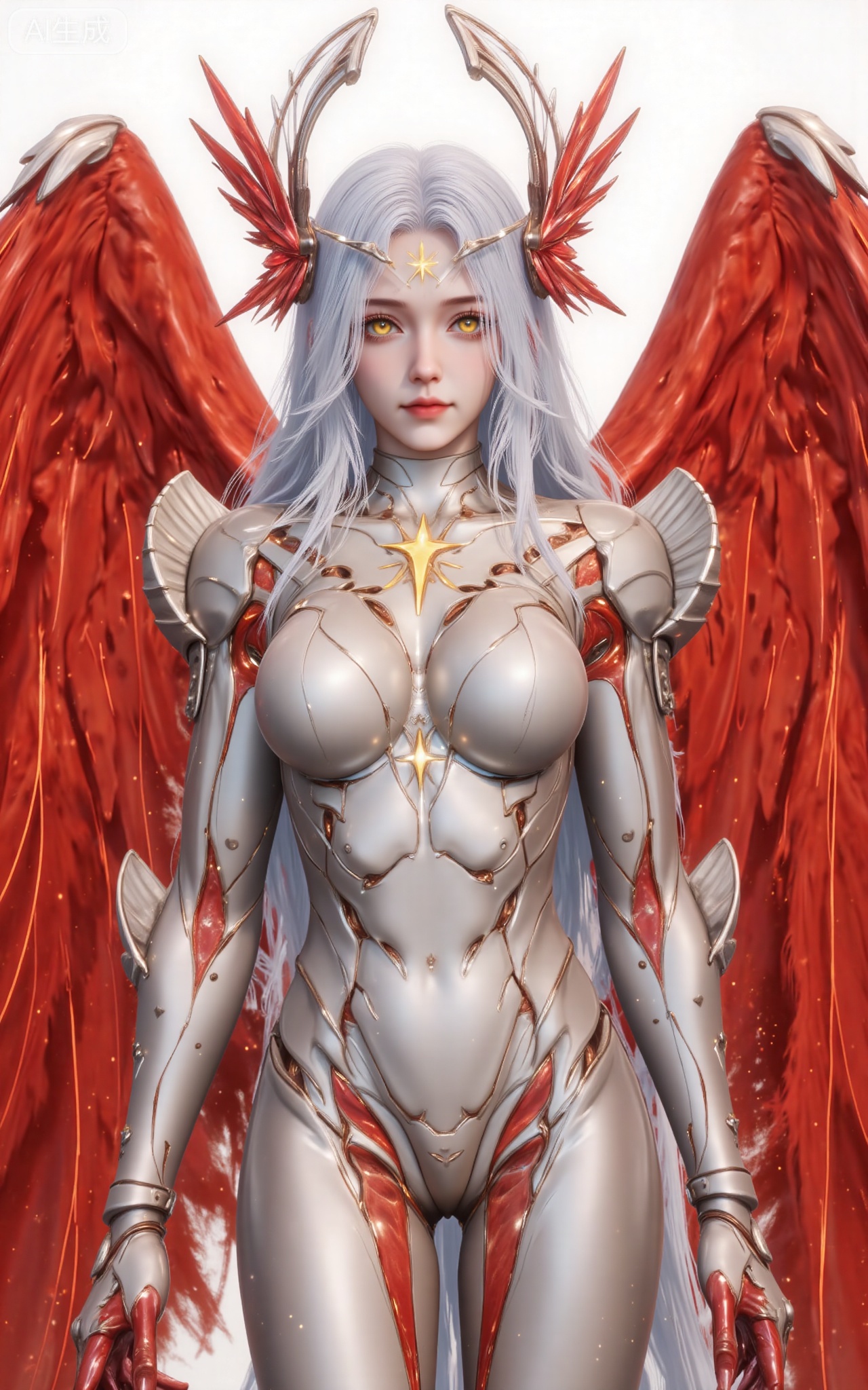 xinghuanwang, 1girl, wings, solo, long hair, white hair, yellow eyes, looking at viewer,  feathered wings, armor, breasts,red wings, bodysuit, glowing, lips, boobplate, angel, angel wings, medium breasts,upper body,
 white_background,simple_background,pifu,guanghuapifu,liushen,lvjing,lvjing,