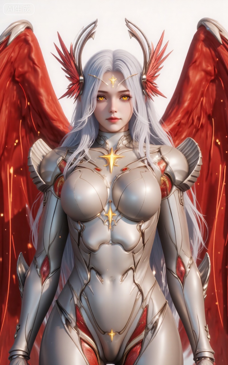 xinghuanwang, 1girl, wings, solo, long hair, white hair, yellow eyes, looking at viewer,  feathered wings, armor, breasts,red wings, bodysuit, glowing, lips, boobplate, angel, angel wings, medium breasts,upper body,
 white_background,simple_background,pifu,guanghuapifu,liushen,lvjing,lvjing,