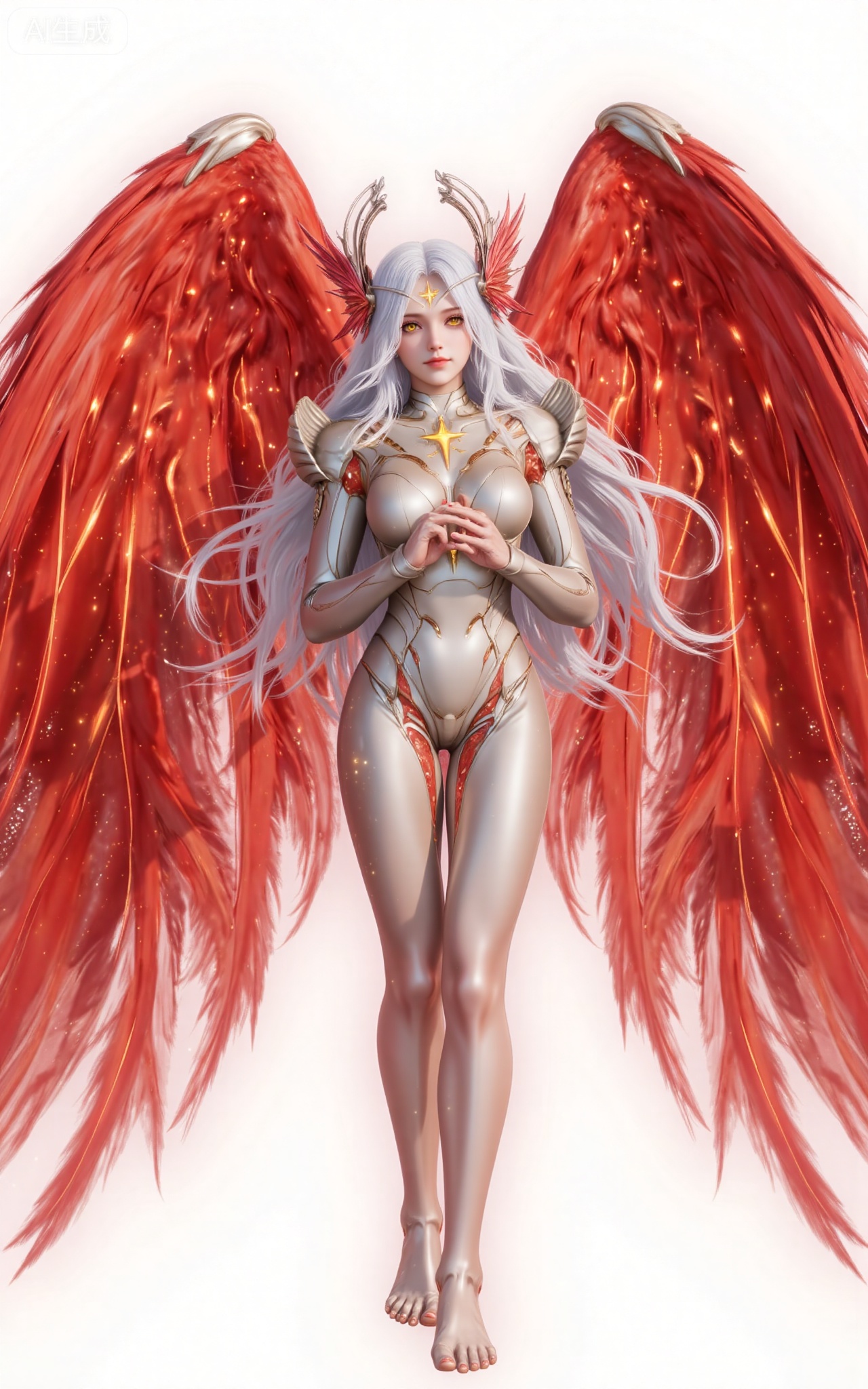 xinghuanwang, 1girl, wings, solo, long hair, white hair, yellow eyes, looking at viewer,  feathered wings, armor, breasts,red wings, bodysuit, glowing, lips, boobplate, angel, angel wings, medium breasts,legs,long legs,full body,barefoot,
 white_background,simple_background,pifu,guanghuapifu,liushen,lvjing,lvjing,