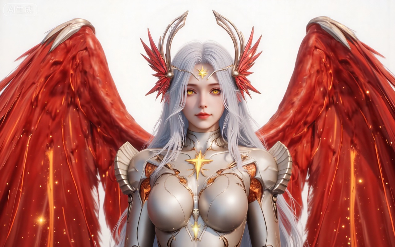 xinghuanwang, 1girl, wings, solo, long hair, white hair, yellow eyes, looking at viewer,  feathered wings, armor, breasts,red wings, bodysuit, glowing, lips, boobplate, angel, angel wings, medium breasts,upper body,
 white_background,simple_background,pifu,guanghuapifu,liushen,lvjing,lvjing,