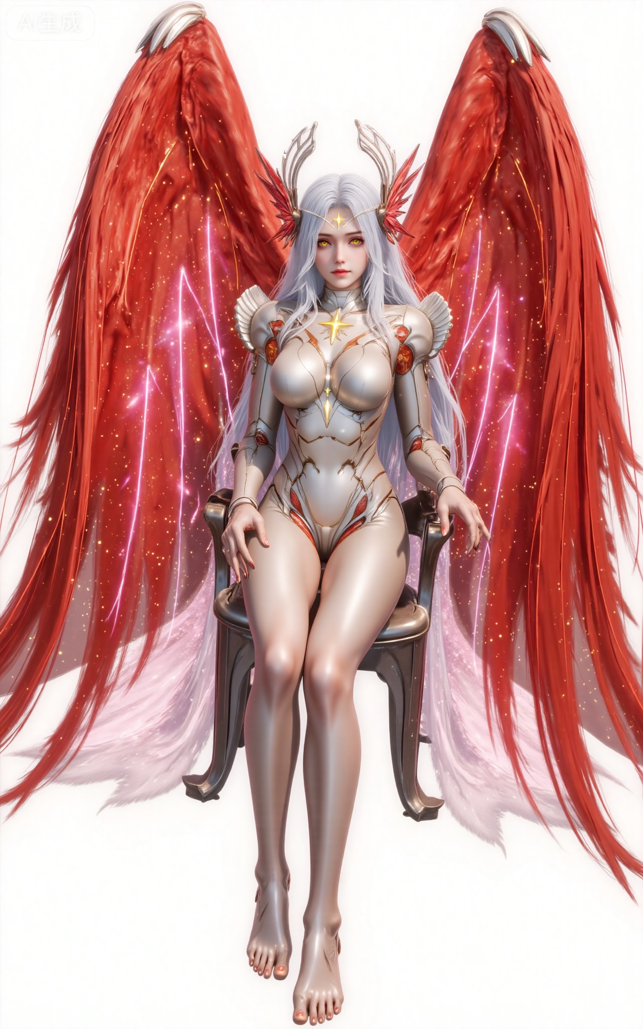 xinghuanwang, 1girl, wings, solo, long hair, white hair, yellow eyes, looking at viewer,  feathered wings, armor, breasts,red wings, bodysuit, glowing, lips, boobplate, angel, angel wings, medium breasts,legs,long legs,full body,barefoot,red feet,sitting,chair,
 white_background,simple_background,pifu,guanghuapifu,liushen,lvjing,lvjing,
