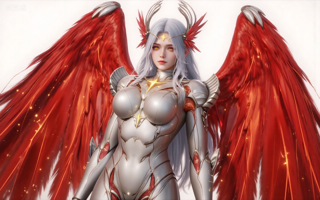 xinghuanwang, 1girl, wings, solo, long hair, white hair, yellow eyes, looking at viewer,  feathered wings, armor, breasts,red wings, bodysuit, glowing, lips, boobplate, angel, angel wings, medium breasts,upper body,
 white_background,simple_background,pifu,guanghuapifu,liushen,lvjing,lvjing,